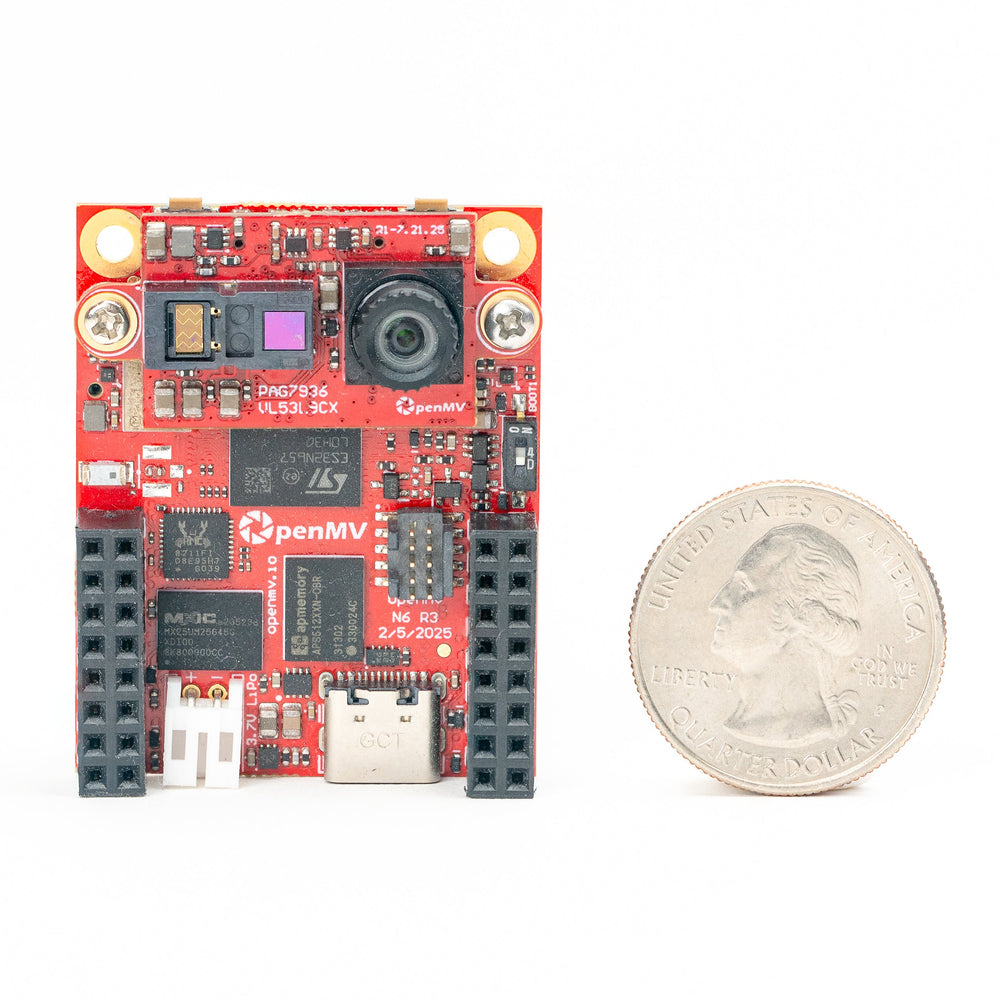 A red OpenMV microcontroller board with a camera and USB port, shown next to a US quarter coin for scale, on a white background.