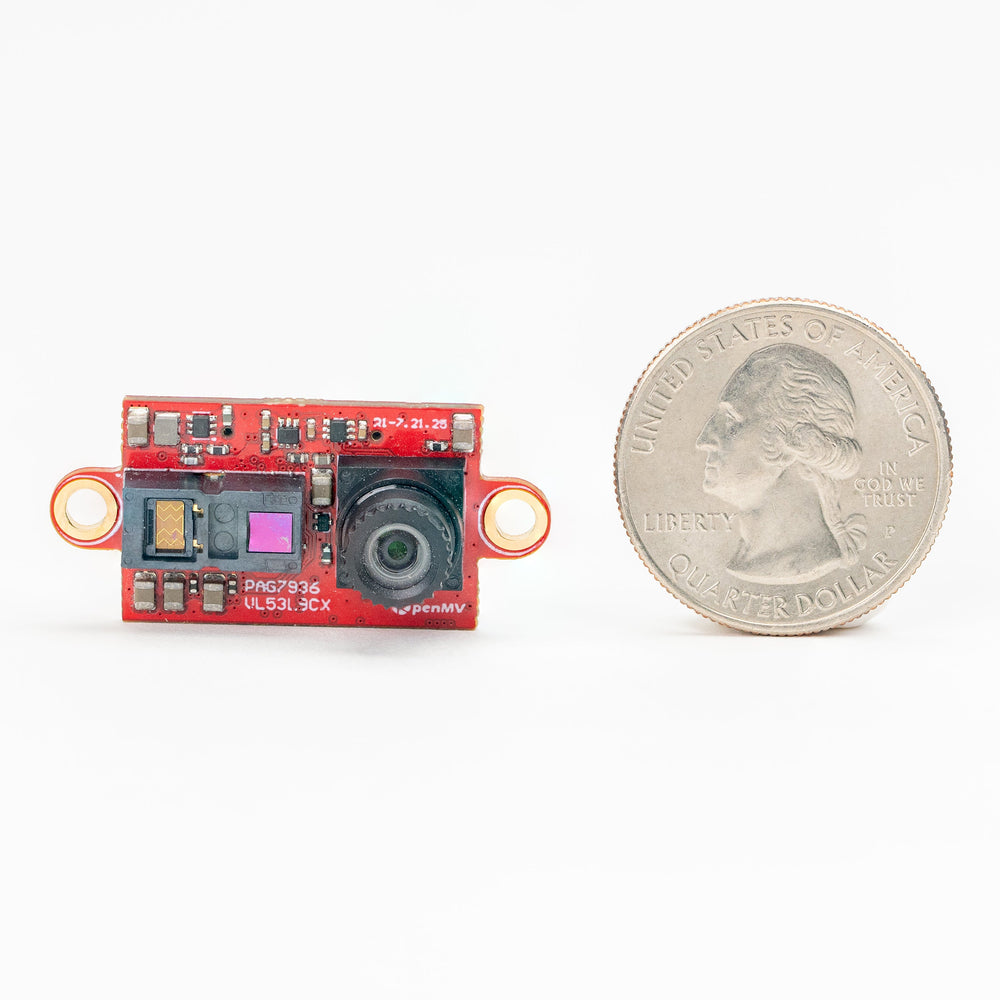 A small red electronic camera module with two gold-toned loops, shown next to a US quarter coin for scale, on a clean white background.