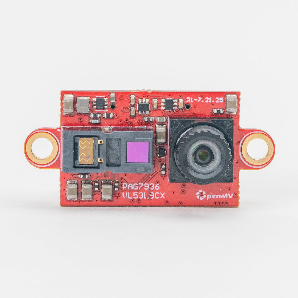 A red electronic camera module with a lens, sensors, and mounting loops, photographed on a clean white background.