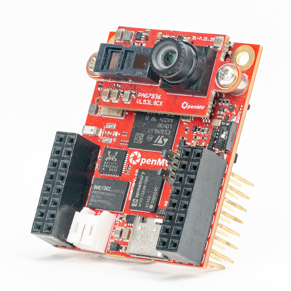 A red OpenMV electronic circuit board with a camera lens, various connectors, and gold pins, shown on a clean white background.