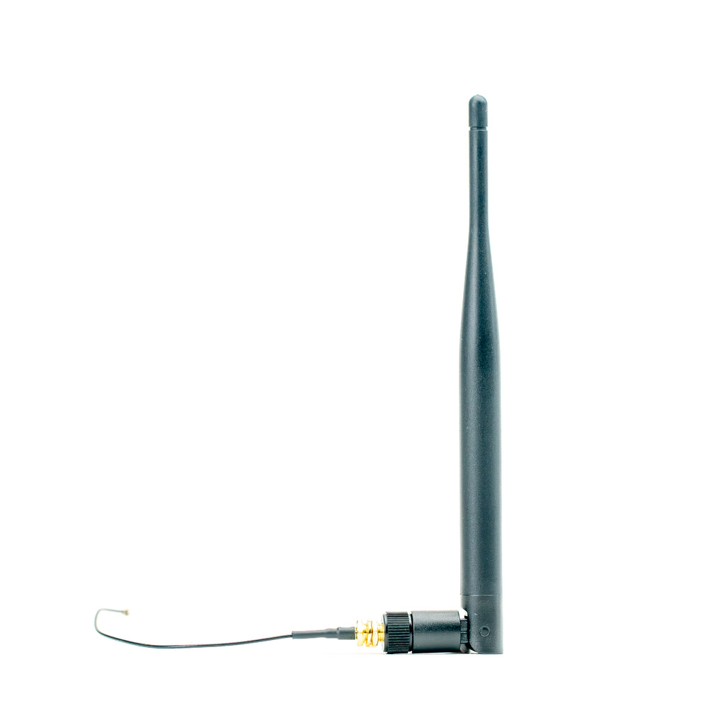A black adjustable antenna with a long vertical whip and a short horizontal wire extending to the left, shown against a plain white background.