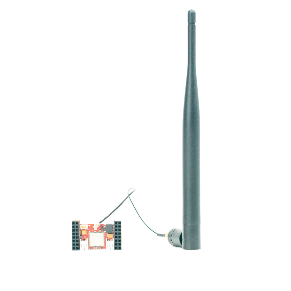 A long, slender gray antenna connected by a thin wire to a small electronic circuit board with red and black components, isolated on a white background.