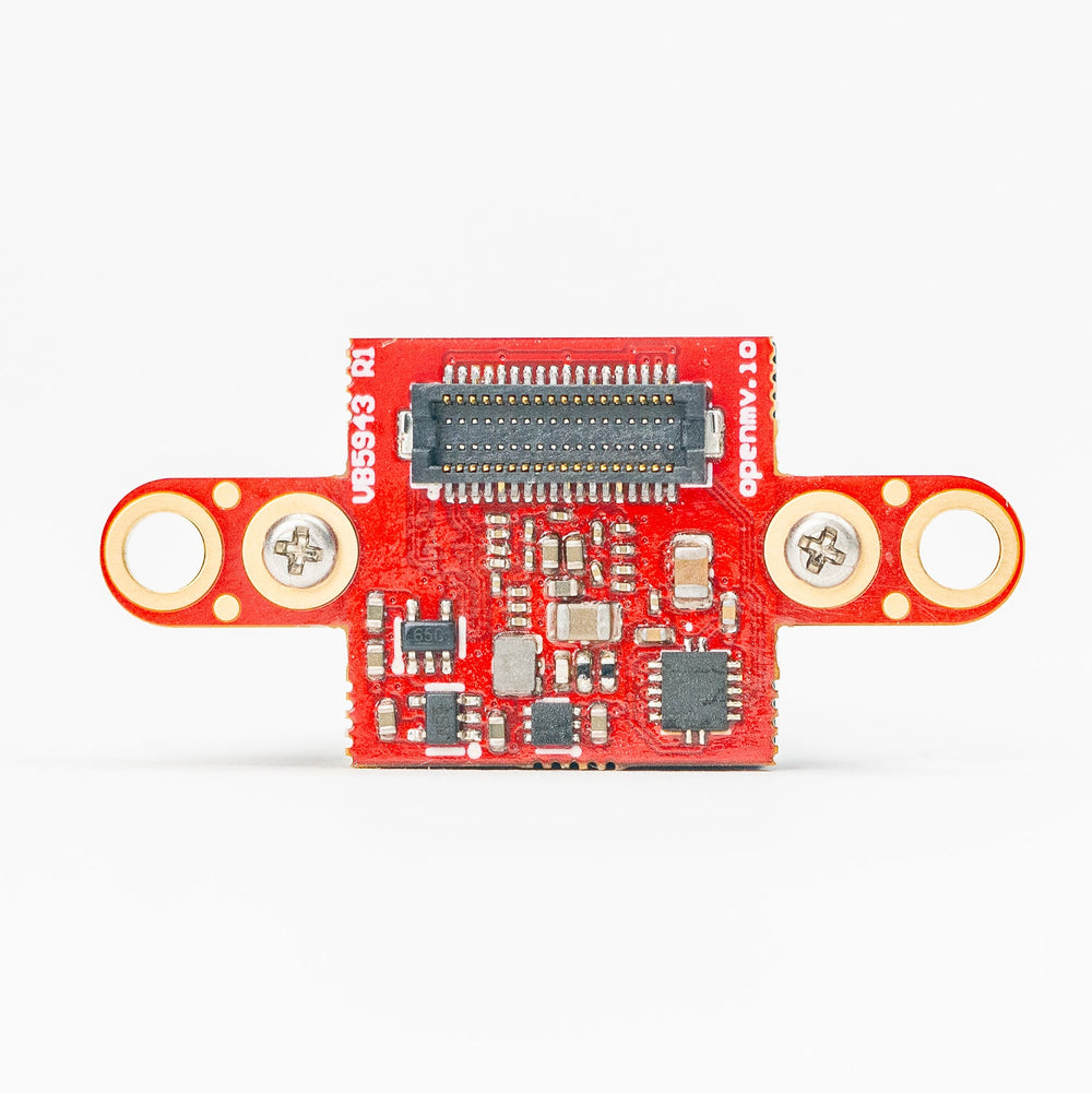 A small red electronic circuit board module with a central connector, mounted on two circular brackets with screw terminals, photographed on a clean white background.