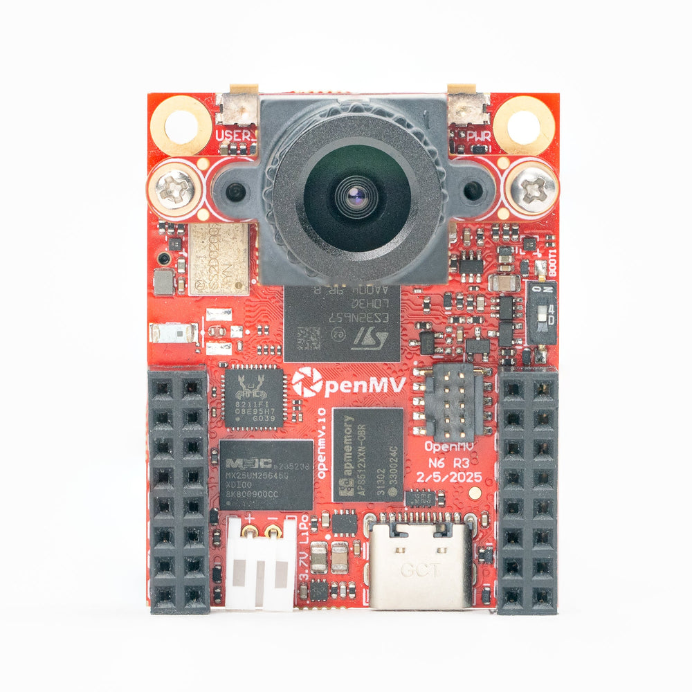 An OpenMV Cam development board with a red PCB, featuring a central camera lens, two circular LEDs, a USB-C port, and pin headers, shown on a white background.